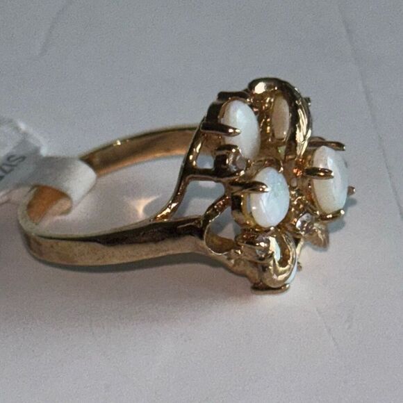 NWT heavy yellow 18kt gold electroplate ring Sz 7 w/6 opals floral - Picture 3 of 9